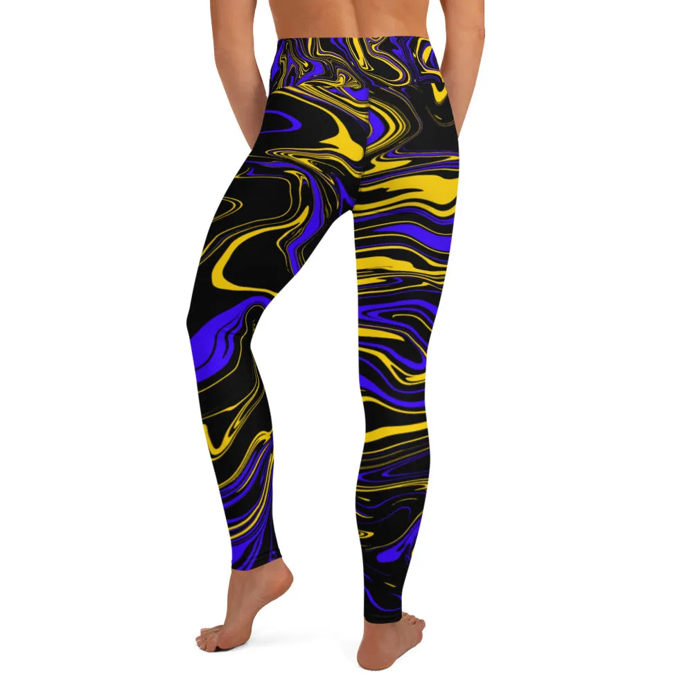 Yellow Blue and Black Oil Spill High-Waisted Yoga Leggings