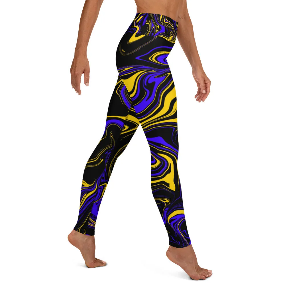 Yellow Blue and Black Oil Spill High-Waisted Yoga Leggings