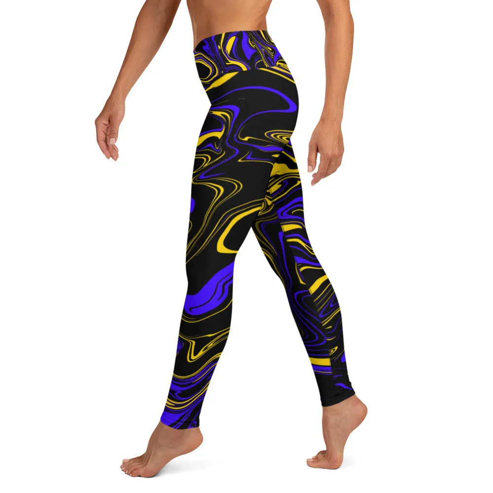 Yellow Blue and Black Oil Spill High-Waisted Yoga Leggings
